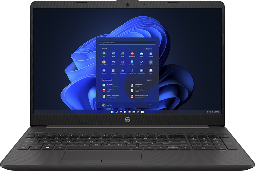 Fekete laptop, Windows 11 felülettel. Fekete billentyűzettel és sötétkék háttérrel.