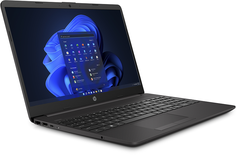 Fekete laptop, Windows felülettel a képernyőn, szögletes nézet.