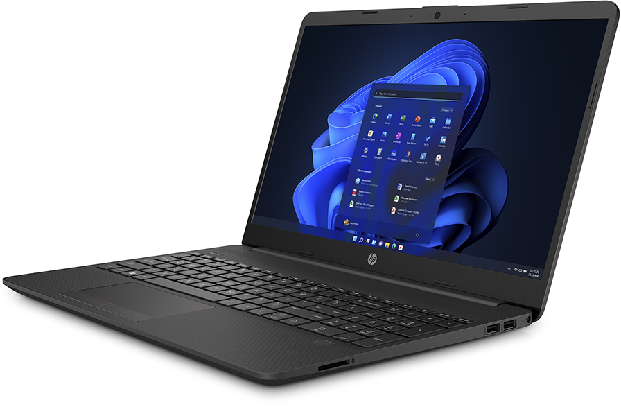 Fekete laptop Windows 11 menüvel, nyitva egy asztalon.