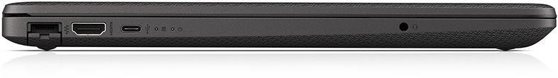 Laptop oldala. Portok: hálózat, HDMI, USB-C és audio. A test sötétszürke.