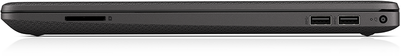 Egy fekete laptop oldalsó nézete SD kártya, USB és tápcsatlakozókkal.