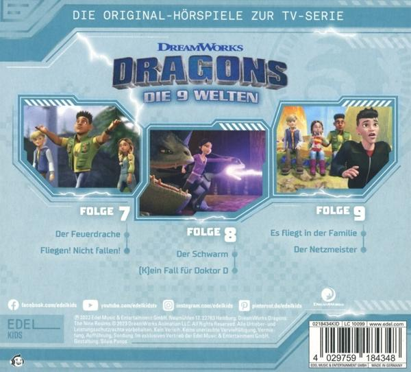 Drei Szenen aus Dreamworks Dragons: Die 9 Welten mit Kindern und Drachen.