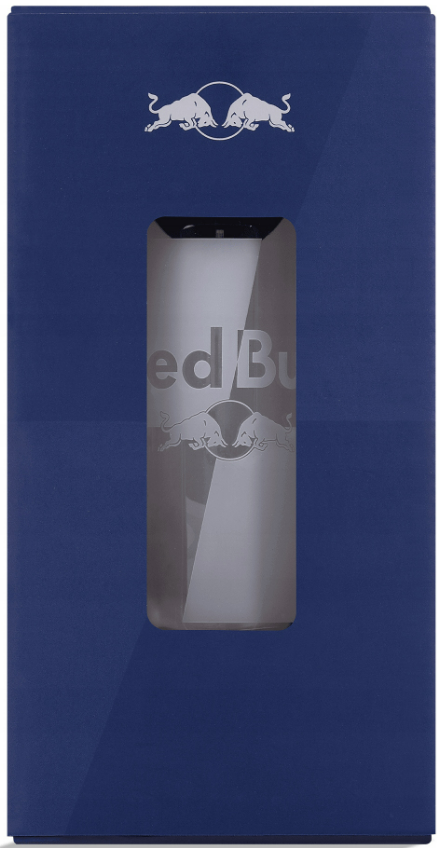 Eine Red Bull Dose, sichtbar durch ein Fenster in einer blauen Box.