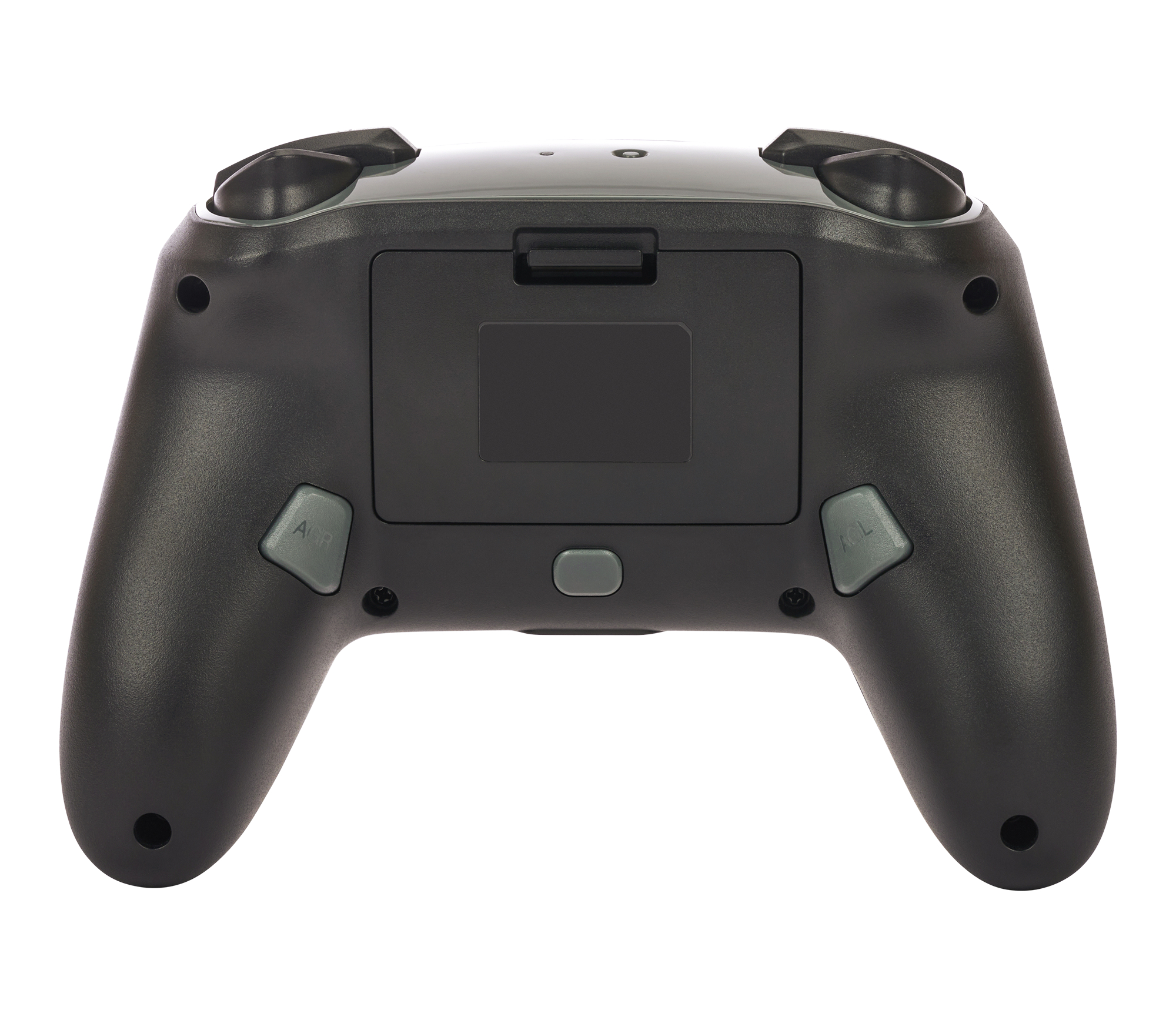 Rückseite eines schwarzen Gamepads mit Knöpfen, auf weißem Hintergrund.