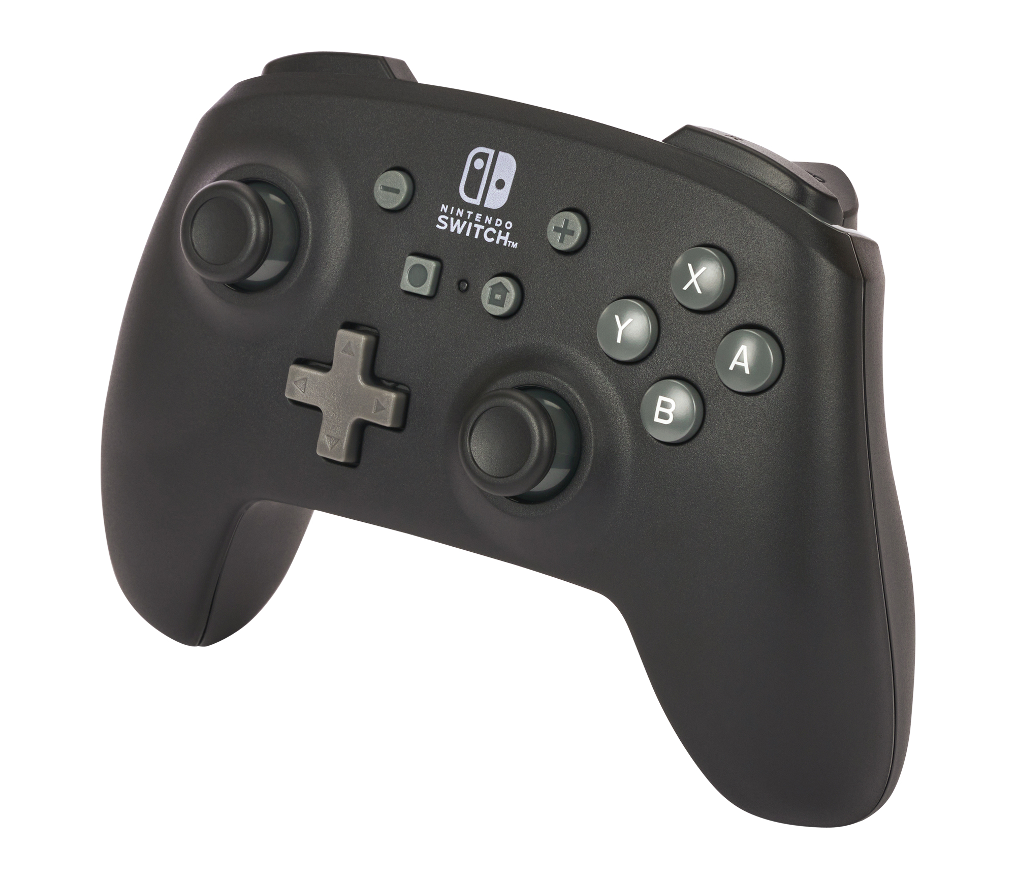 Schwarzer Nintendo Switch Pro Controller, schräge Ansicht, mit grauen Tasten und Joysticks.