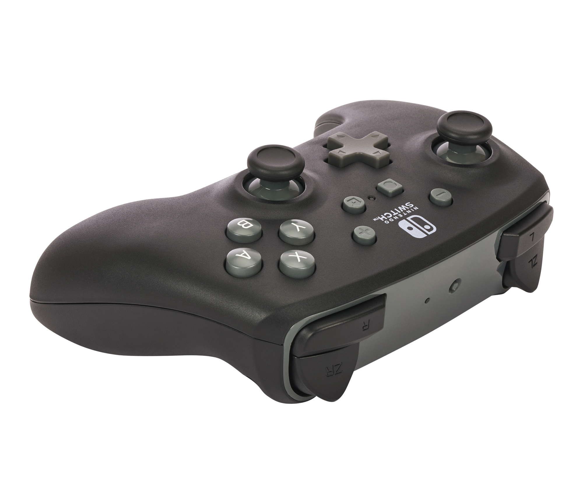 Schwarz-grauer Nintendo Switch-Controller. Verfügt über Tasten, Joysticks und Schultertasten.