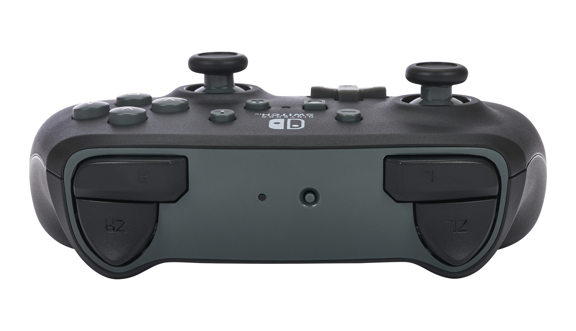 Dunkelgrauer Nintendo Switch-Controller mit schwarzen Knöpfen und Joysticks.