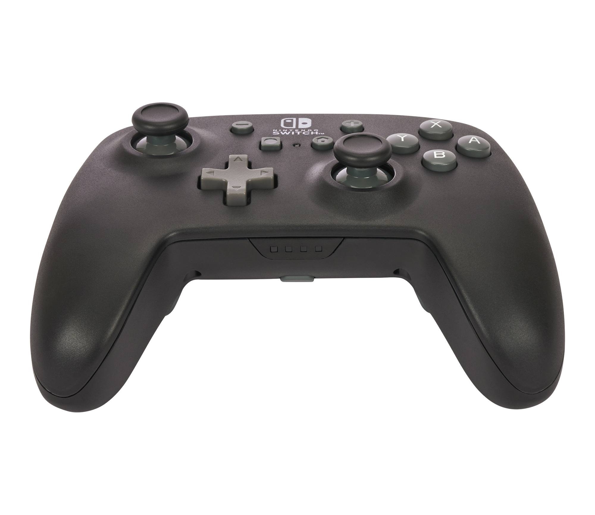 Schwarzer Nintendo Switch Controller mit grauen Knöpfen und Joysticks.