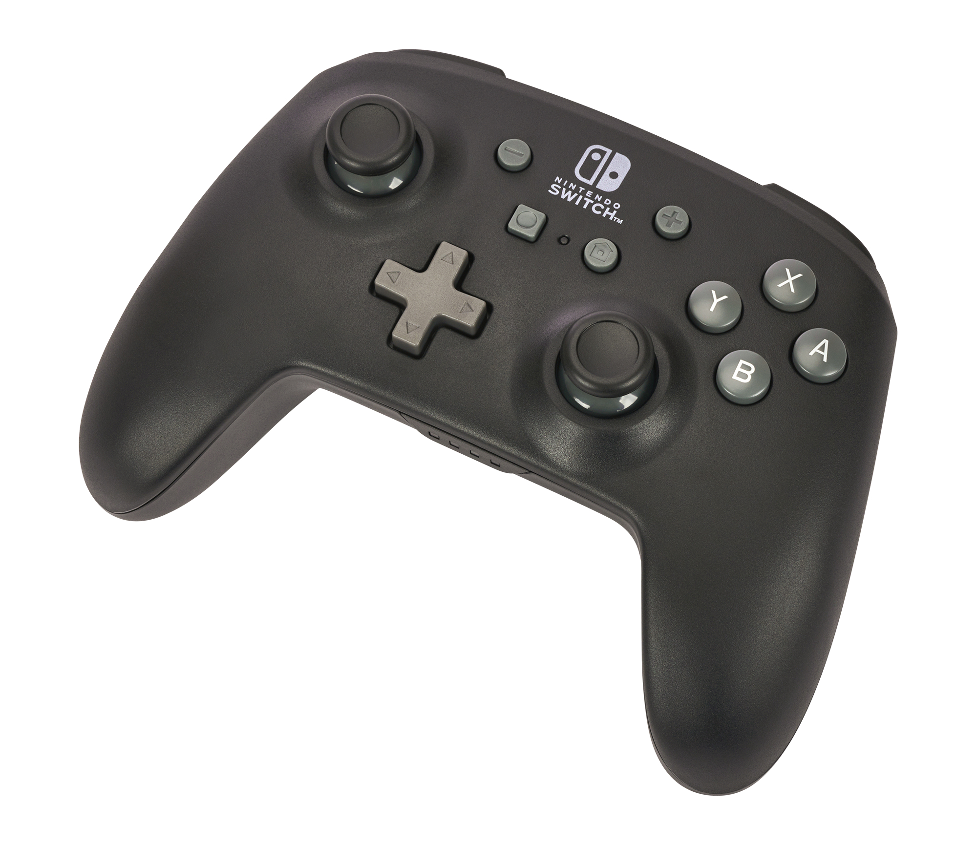 Schwarzer Nintendo Switch Controller auf weißem Hintergrund, graue Knöpfe.