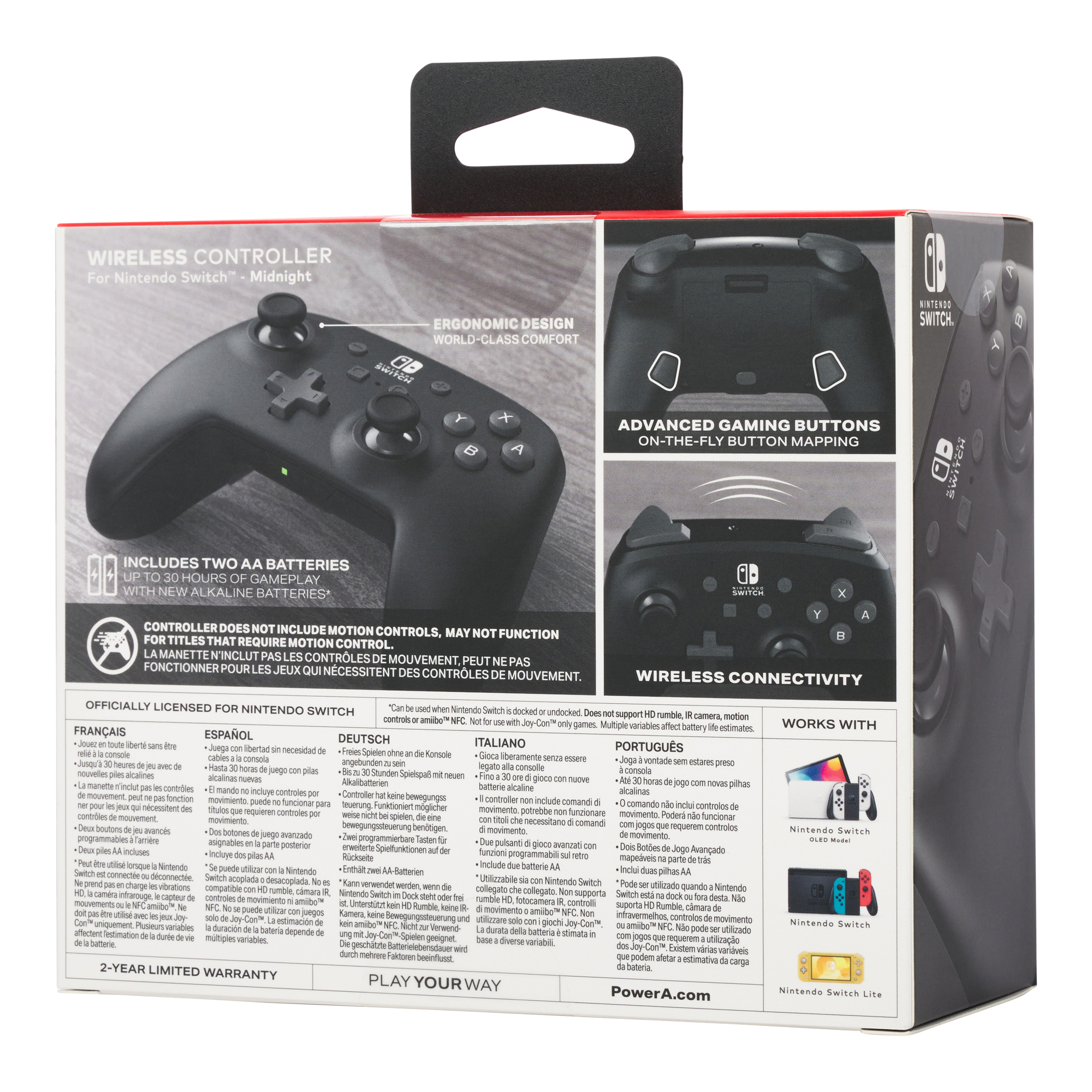 Nintendo Switch Controller Box, schwarzer Controller, mehrsprachiger Text und Konsolengrafiken.