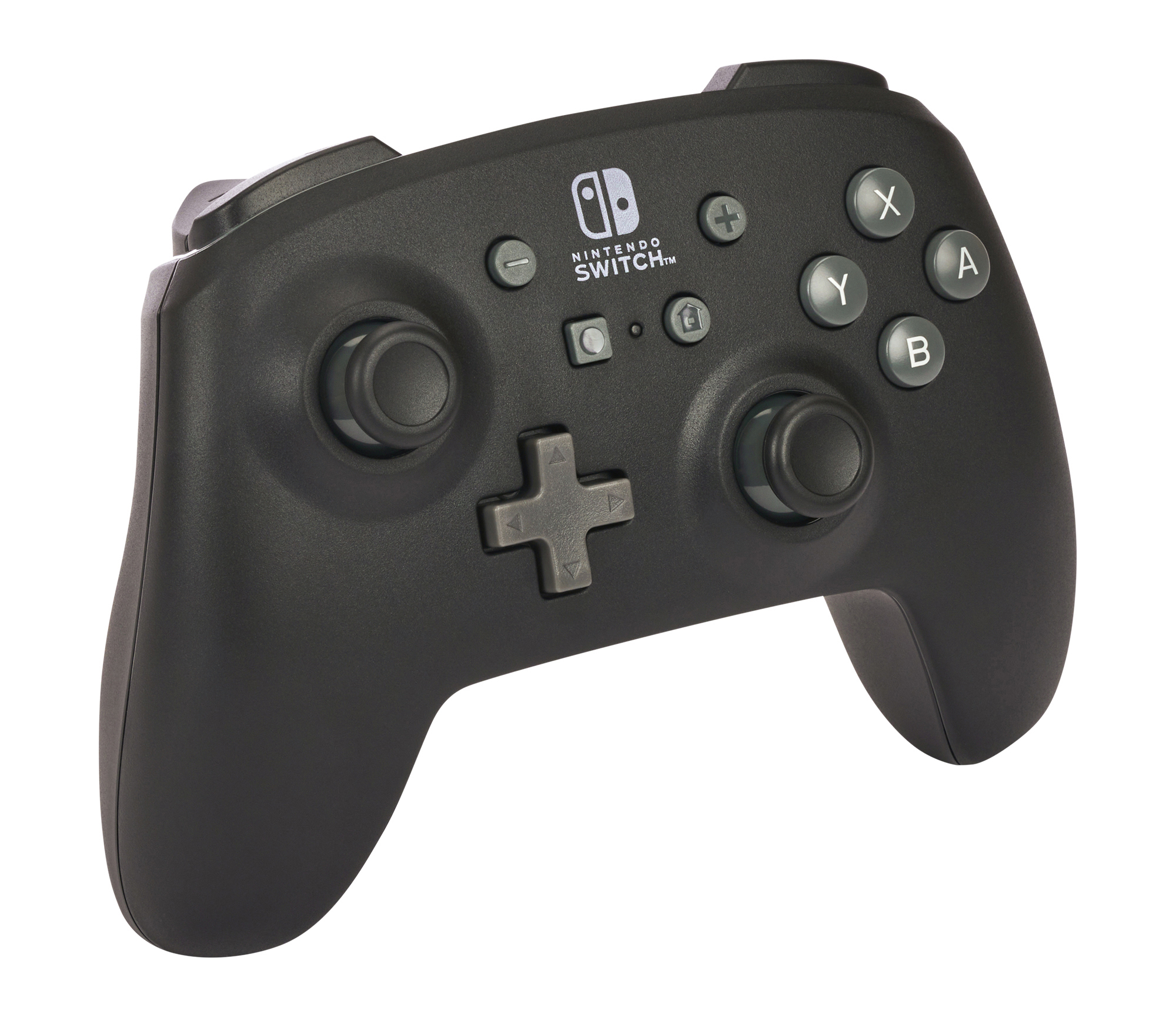 Schwarzer Nintendo Switch Pro Controller mit Knöpfen und Joysticks, weißer Hintergrund.