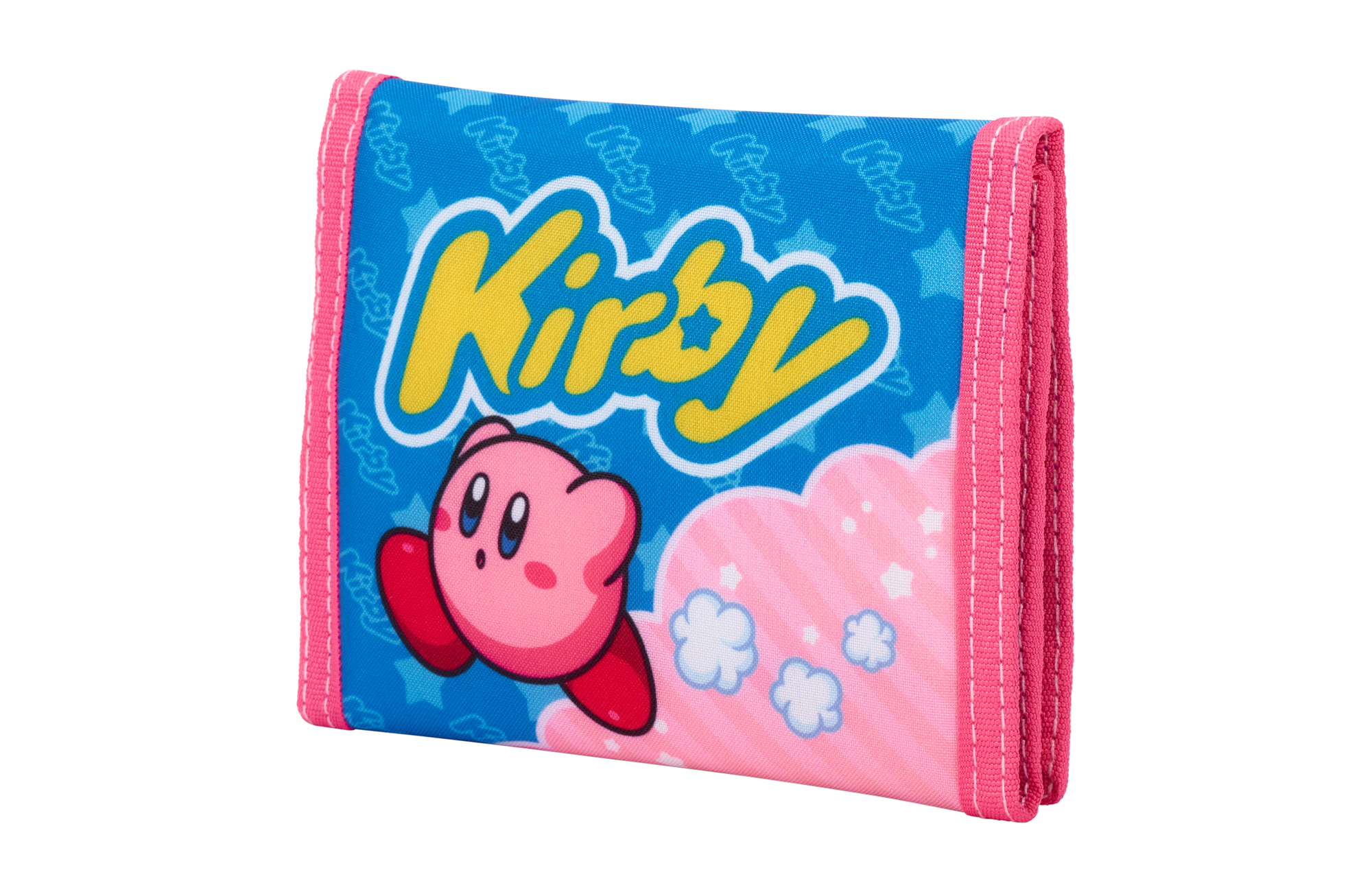 Eine blaue Geldbörse mit einem Kirby-Cartoon-Design und rosa Akzenten.