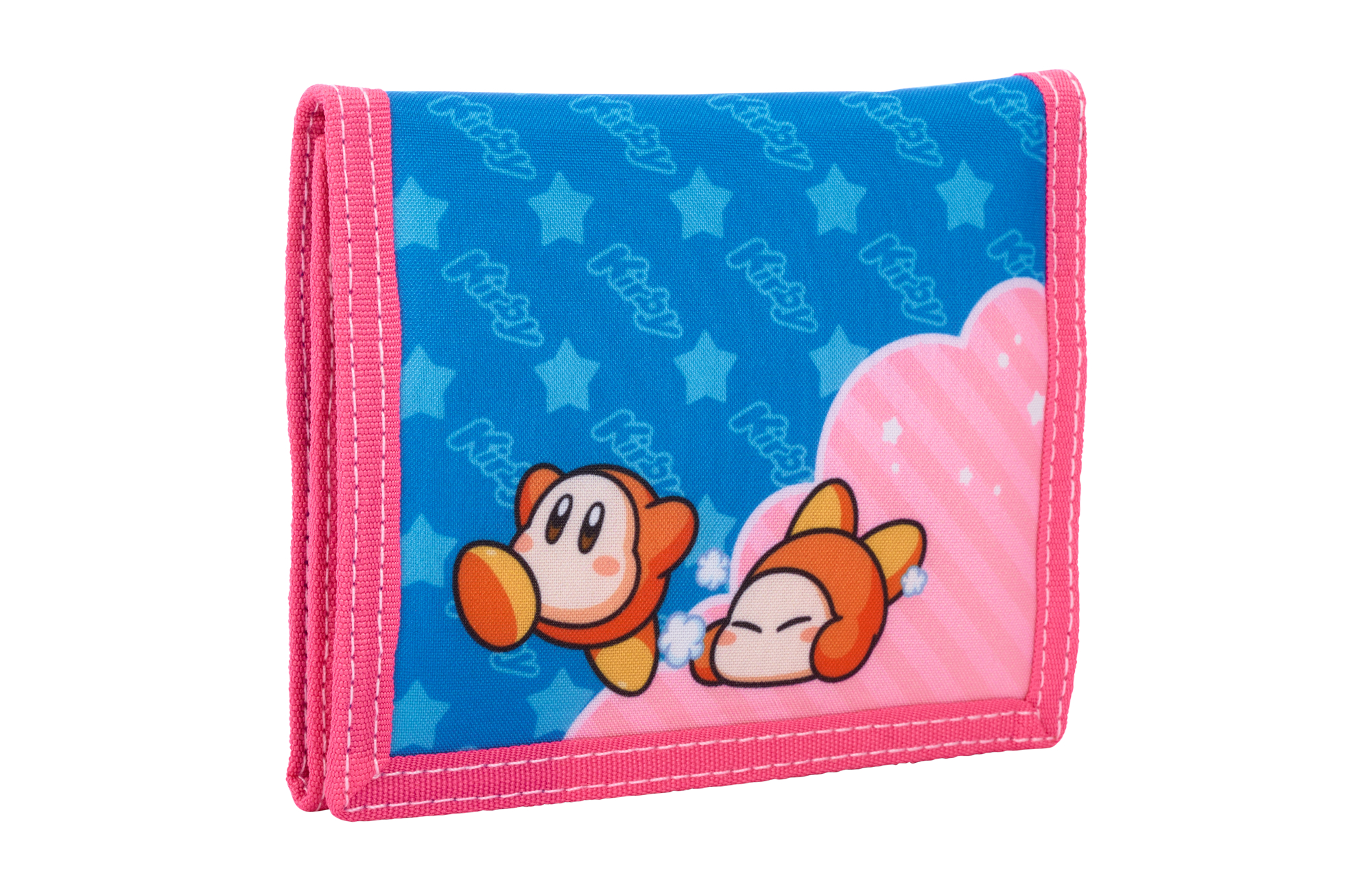 Pinke und blaue Geldbörse. Kirby-Charakter-Design. Weißer Hintergrund. Sterne-Design. Pinker Rand.