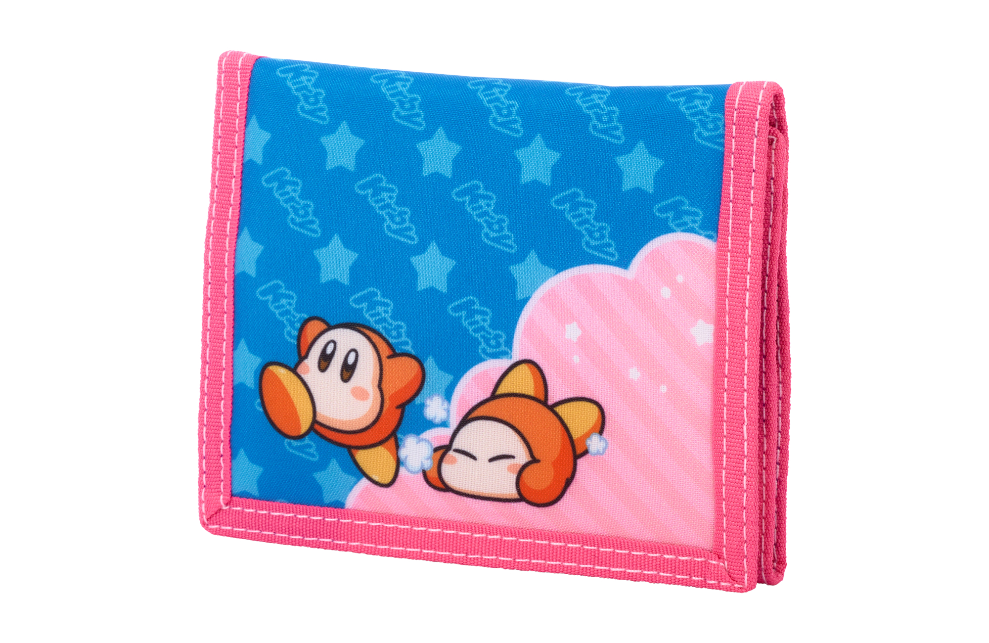 Kirby-Geldbörse. Blau mit Kirby und Waddle Dee, pinkfarbener Rand und pinkfarbener Wolkenhintergrund.