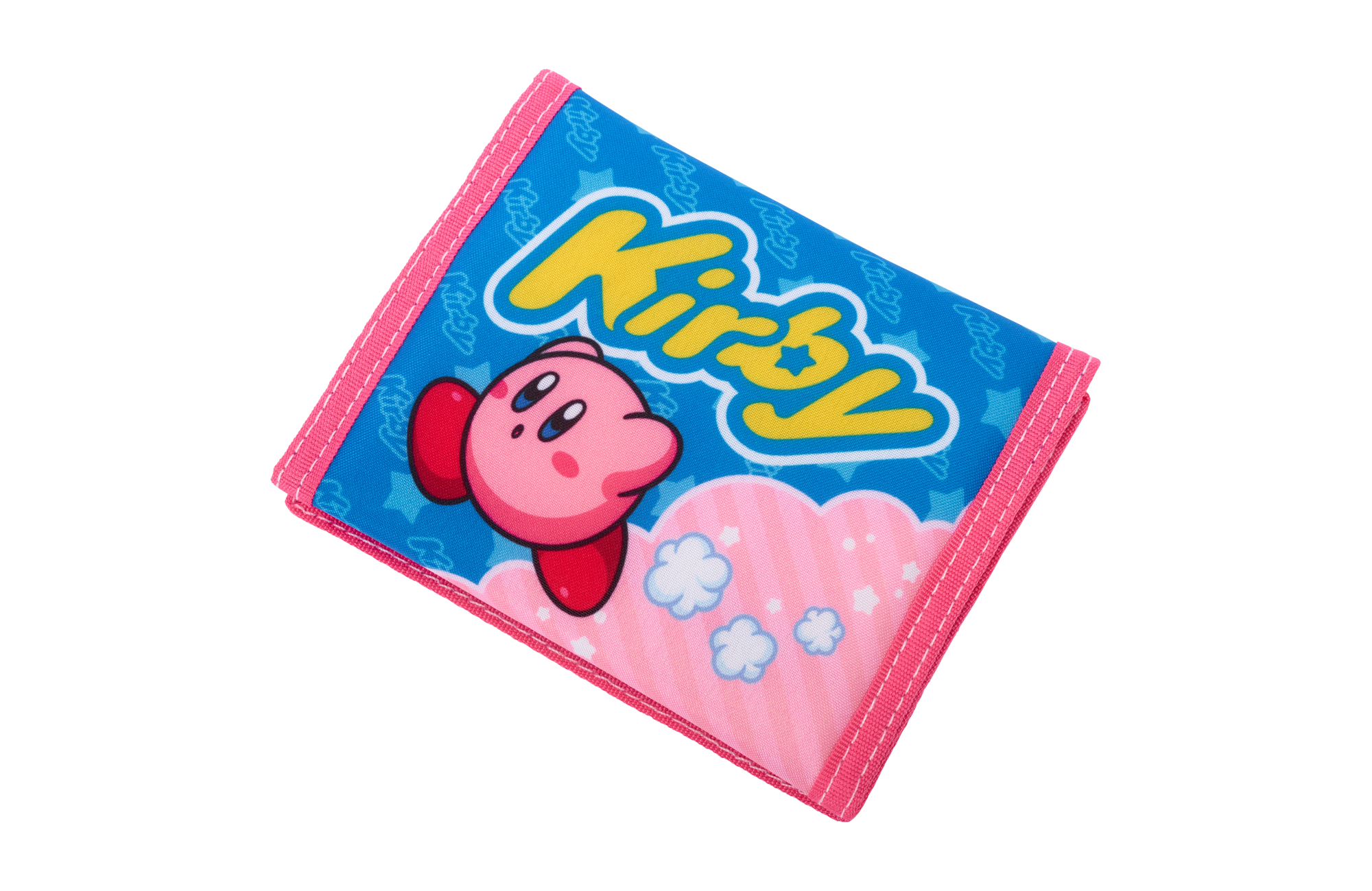 Kirby-Geldbörse, blauer Hintergrund, rosa und weiße Wolken, rosa Einfassung, Kirby-Logo.