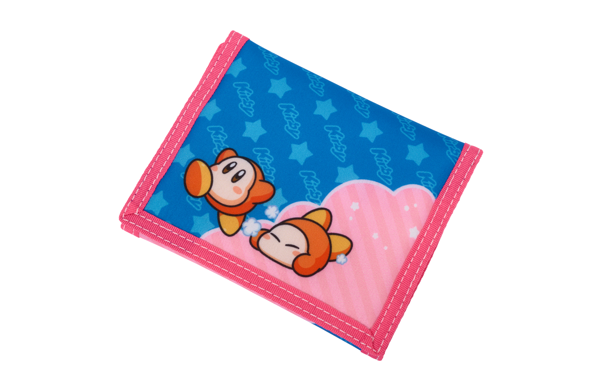 Eine blaue und rosa Kirby-Geldbörse mit zwei Kirby-Charakteren bedruckt, weißer Hintergrund.