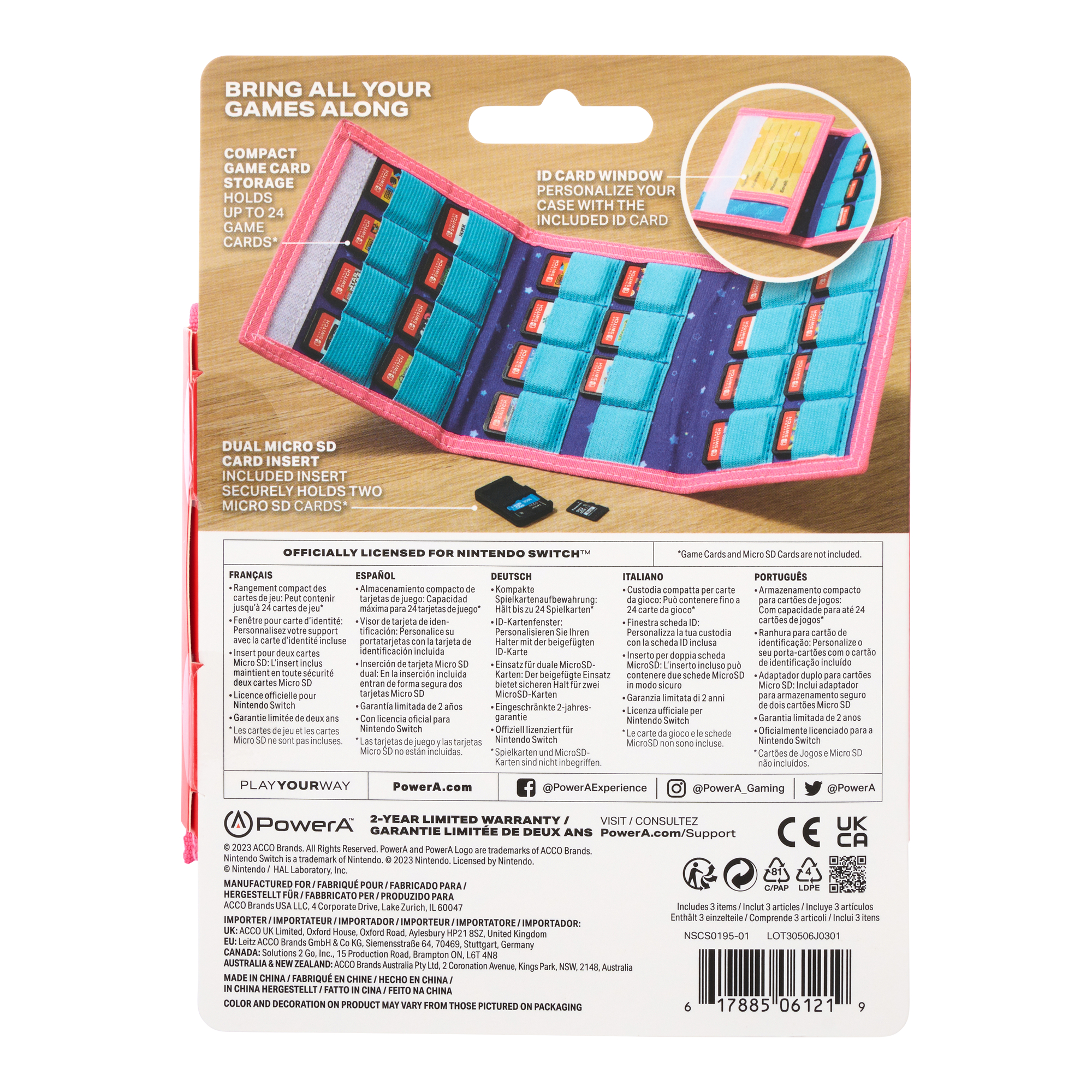 Rosa und blaues Spielkassetten-Aufbewahrungsetui mit Spielkassetten- und Micro-SD-Kartenfächern.