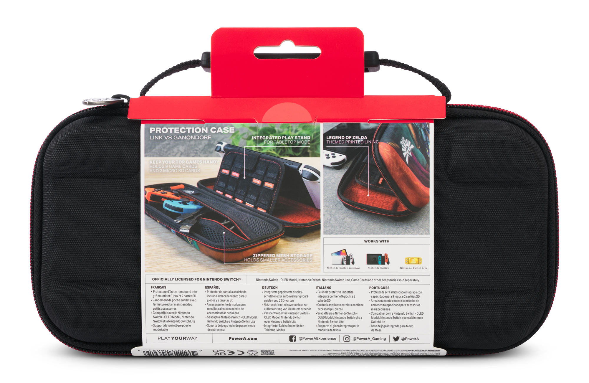 Schwarze Nintendo Switch-Tasche mit Zelda-Motiv, hält Spiele und Zubehör.