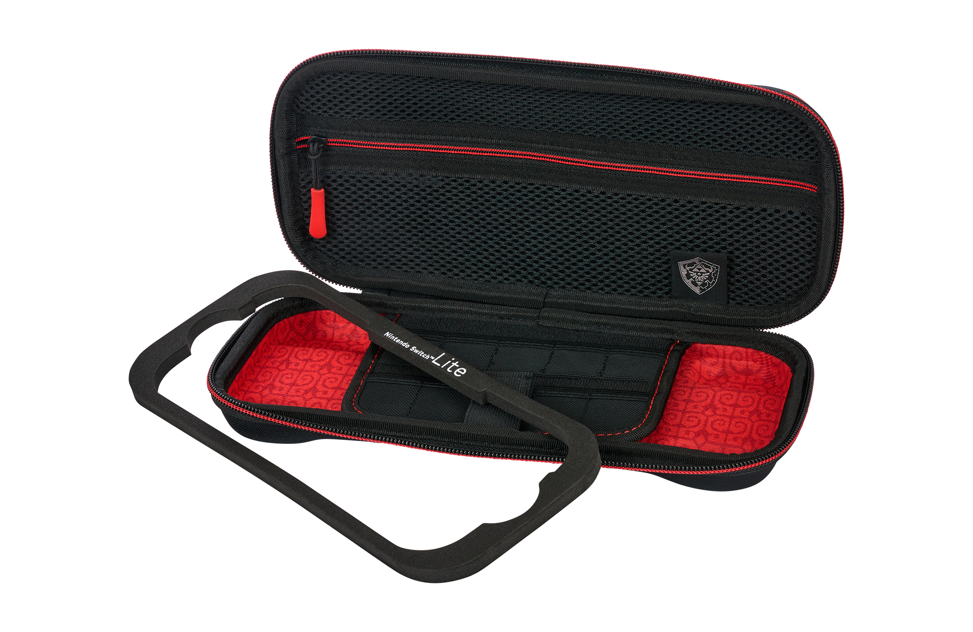 Schwarze Nintendo Switch Lite Tasche mit rotem Innenfutter und Schaumstoffeinlage.