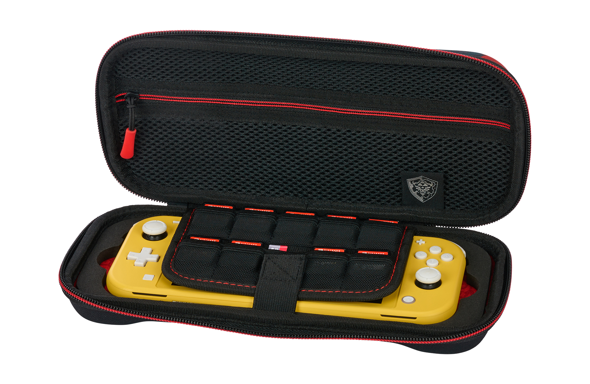 Gelbe Nintendo Switch Lite in schwarzer Tasche mit roten Nähten, mit Spielkartenfächern.