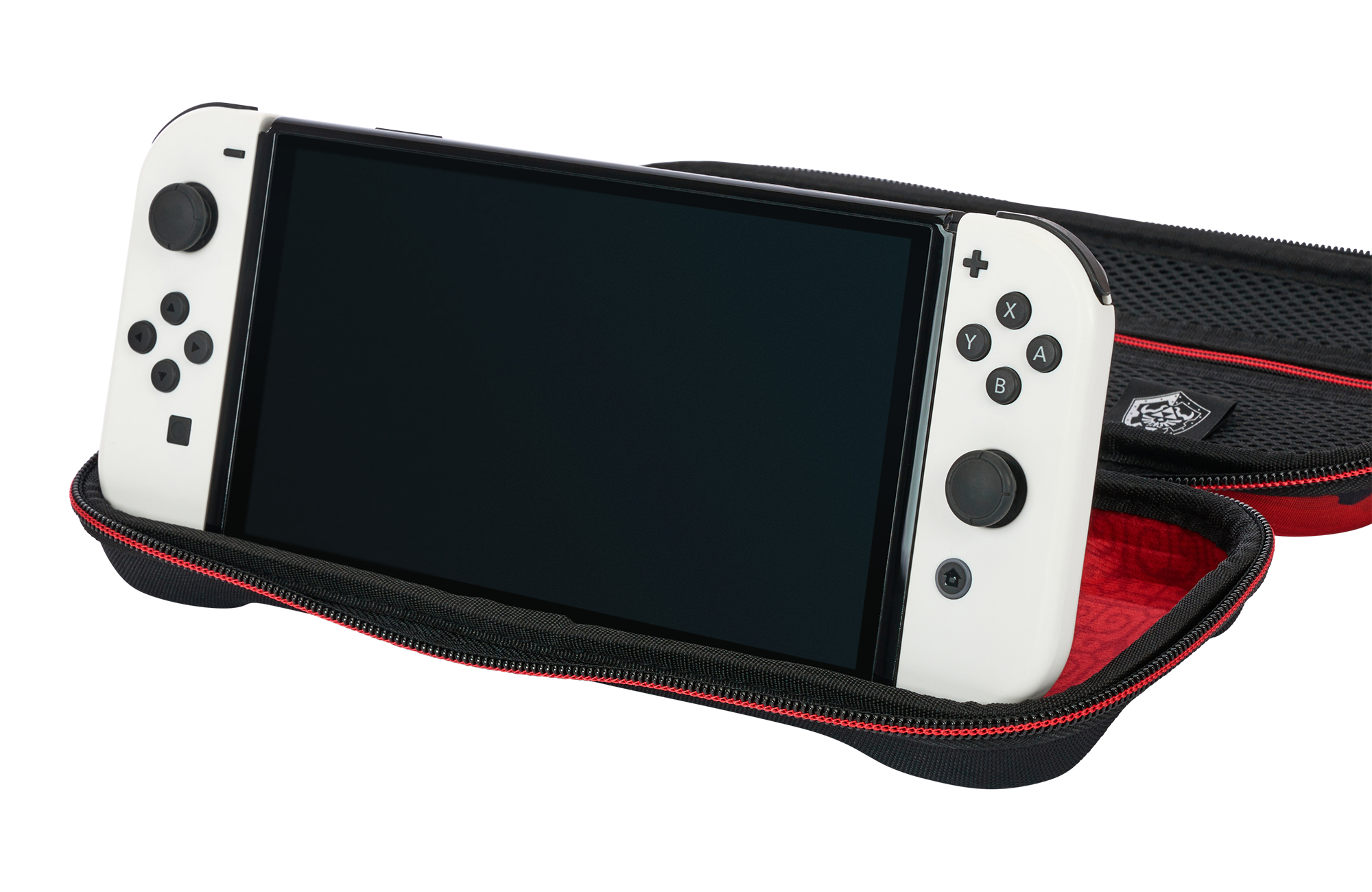 Ein weißer Nintendo Switch in einer schwarzen Schutzhülle mit rotem Reißverschluss.