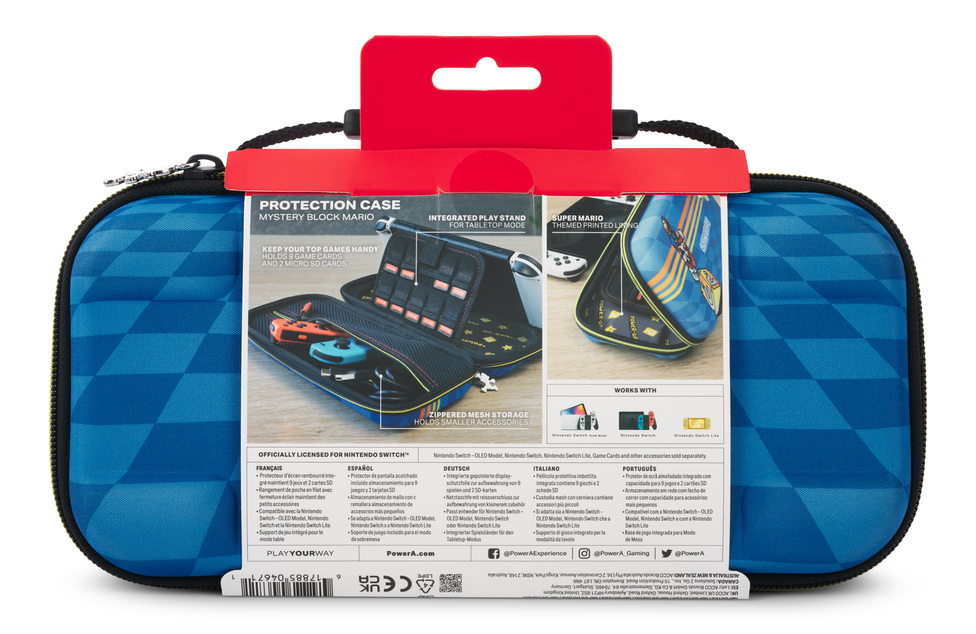 Eine blaue Nintendo Switch-Tragetasche. Die Tasche ist mit Zubehör gefüllt.