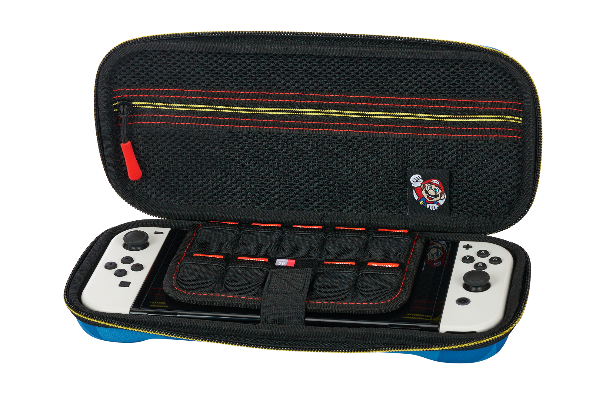 Blauer Mario-Gaming-Koffer mit weißem Nintendo Switch und Controllern.