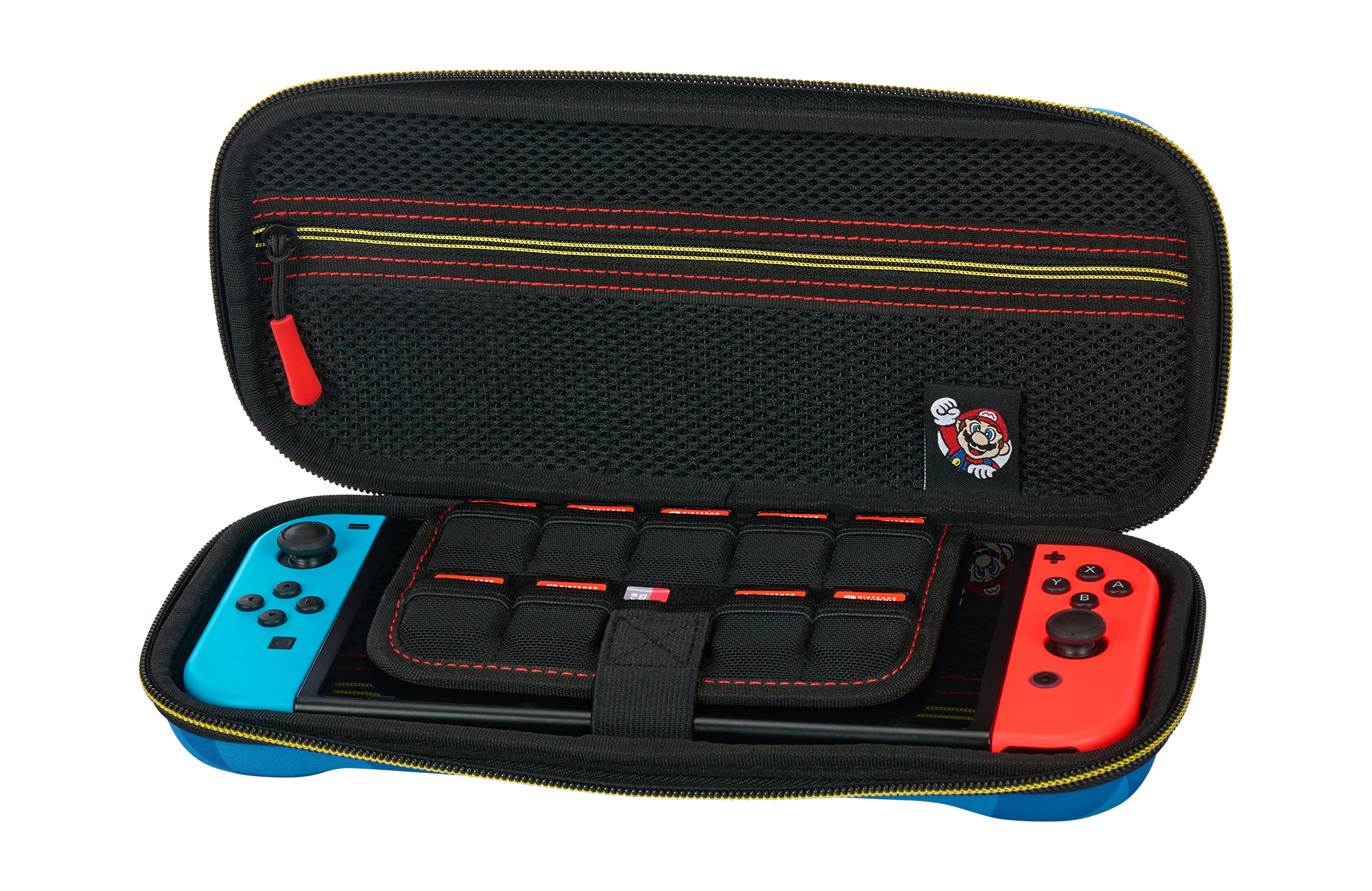 Blauer Nintendo Switch Koffer mit roten und blauen Joy-Cons, innen mit Mario-Logo.