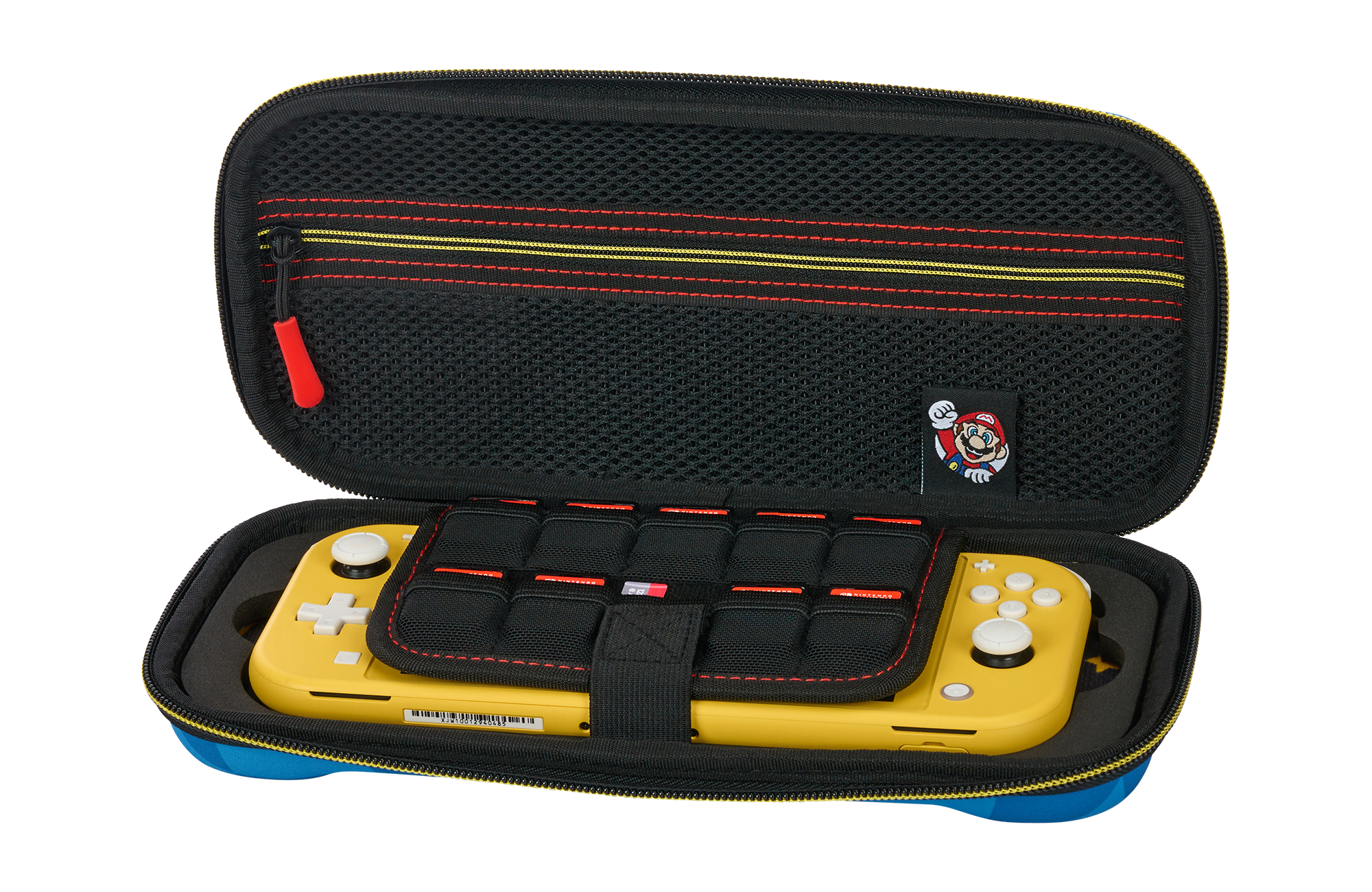Gelbe Nintendo Switch Lite in einer Mario-Tasche mit Fächern für Spiele.