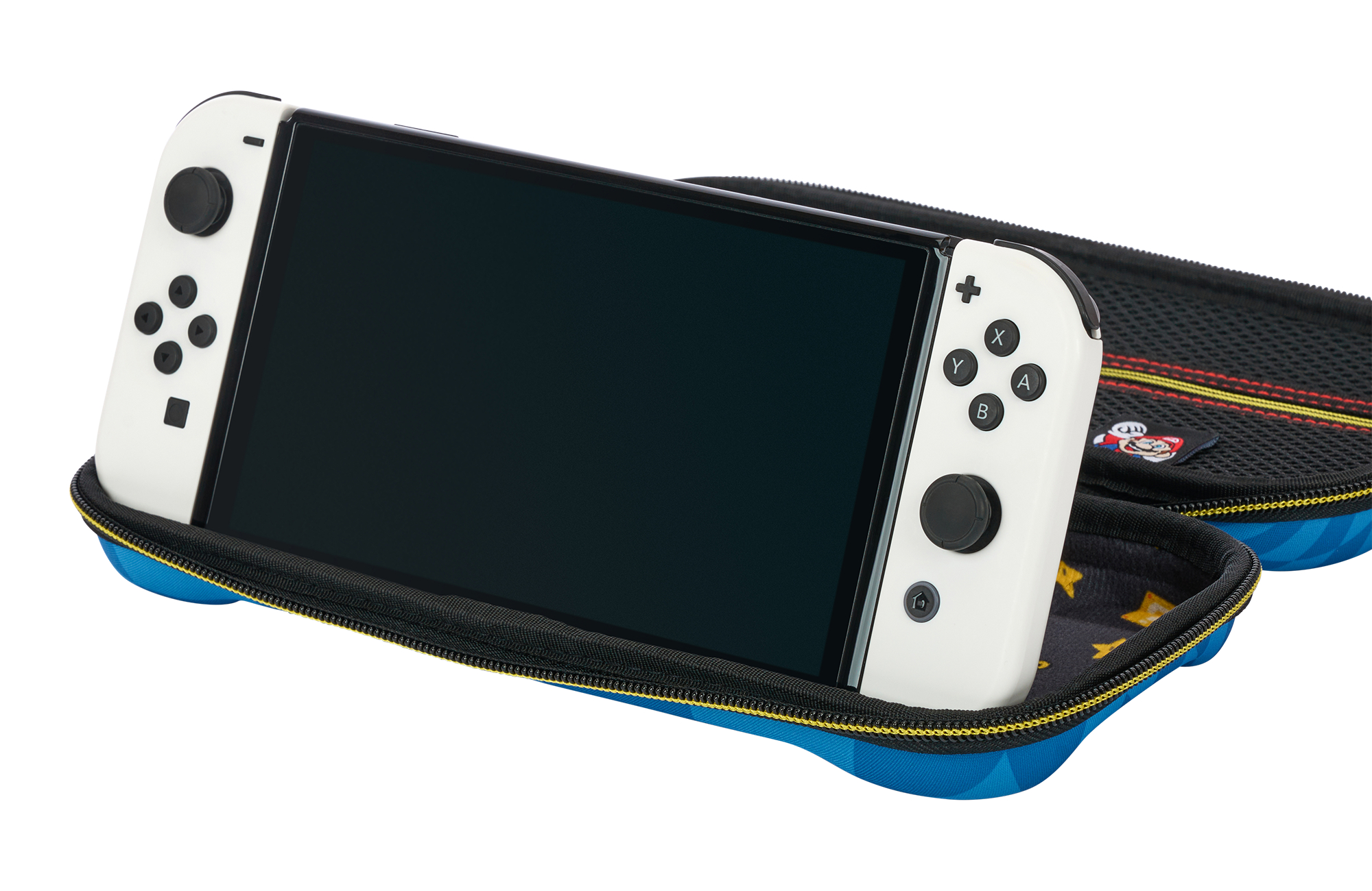 Ein weißes Nintendo Switch OLED-Modell in einer blauen Mario-Tasche.