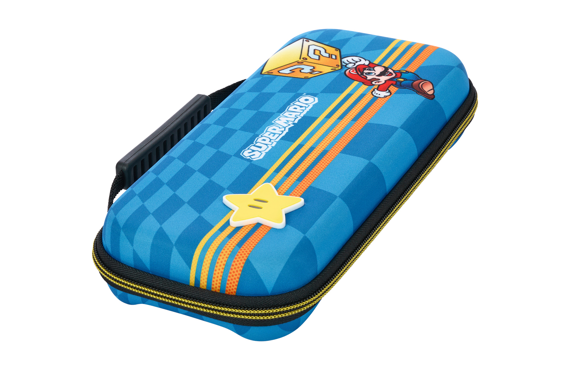 Eine blaue Mario-Tasche mit gelbem Stern und Fragezeichen-Block.