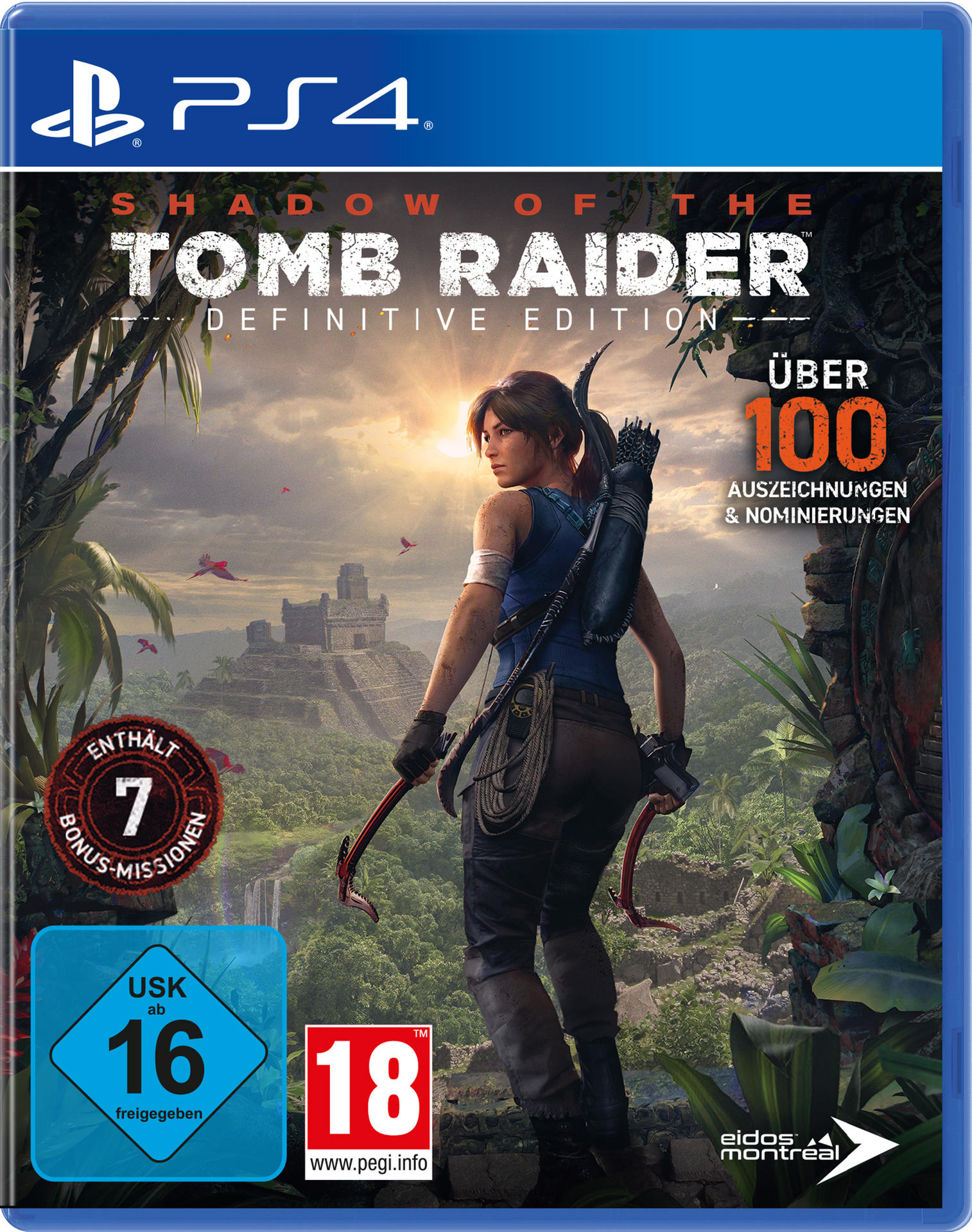 Spiel-Cover für 'Shadow of the Tomb Raider'. Zeigt Lara Croft mit Pfeil und Bogen.