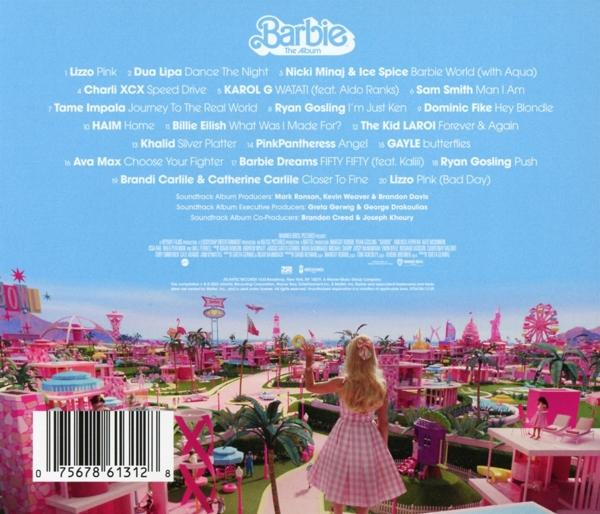 Barbie album hátlapja. A dalok listája, Barbie képe rózsaszín és színes környezetben.