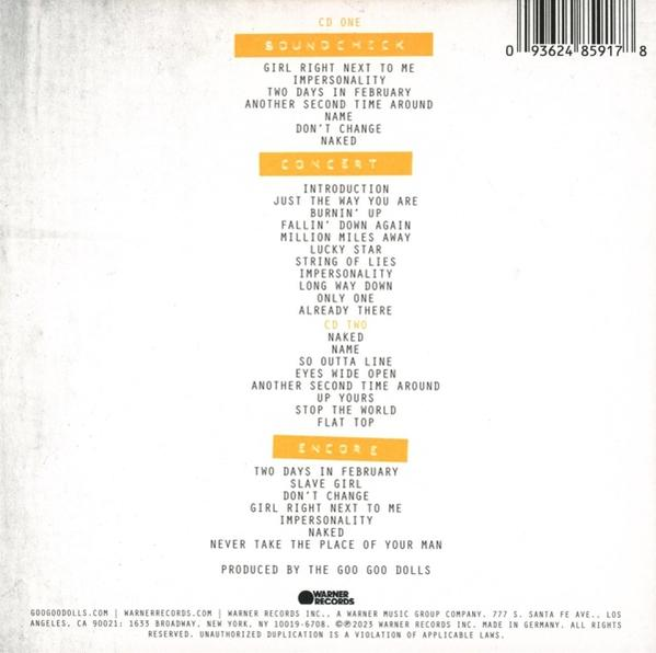 Albumcover der CD The Goo Goo Dolls. Es zeigt die Titelliste von zwei CDs und einer Zugabe. Der Hintergrund ist weiß.