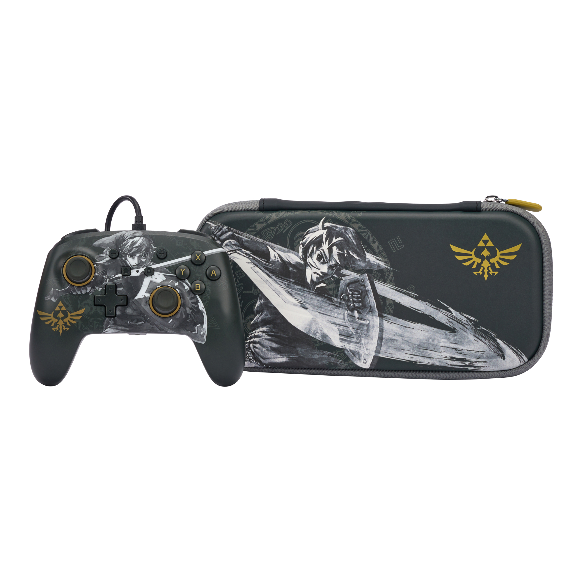 Ein dunkler Controller und eine Tasche mit Link und Triforce-Symbol.
