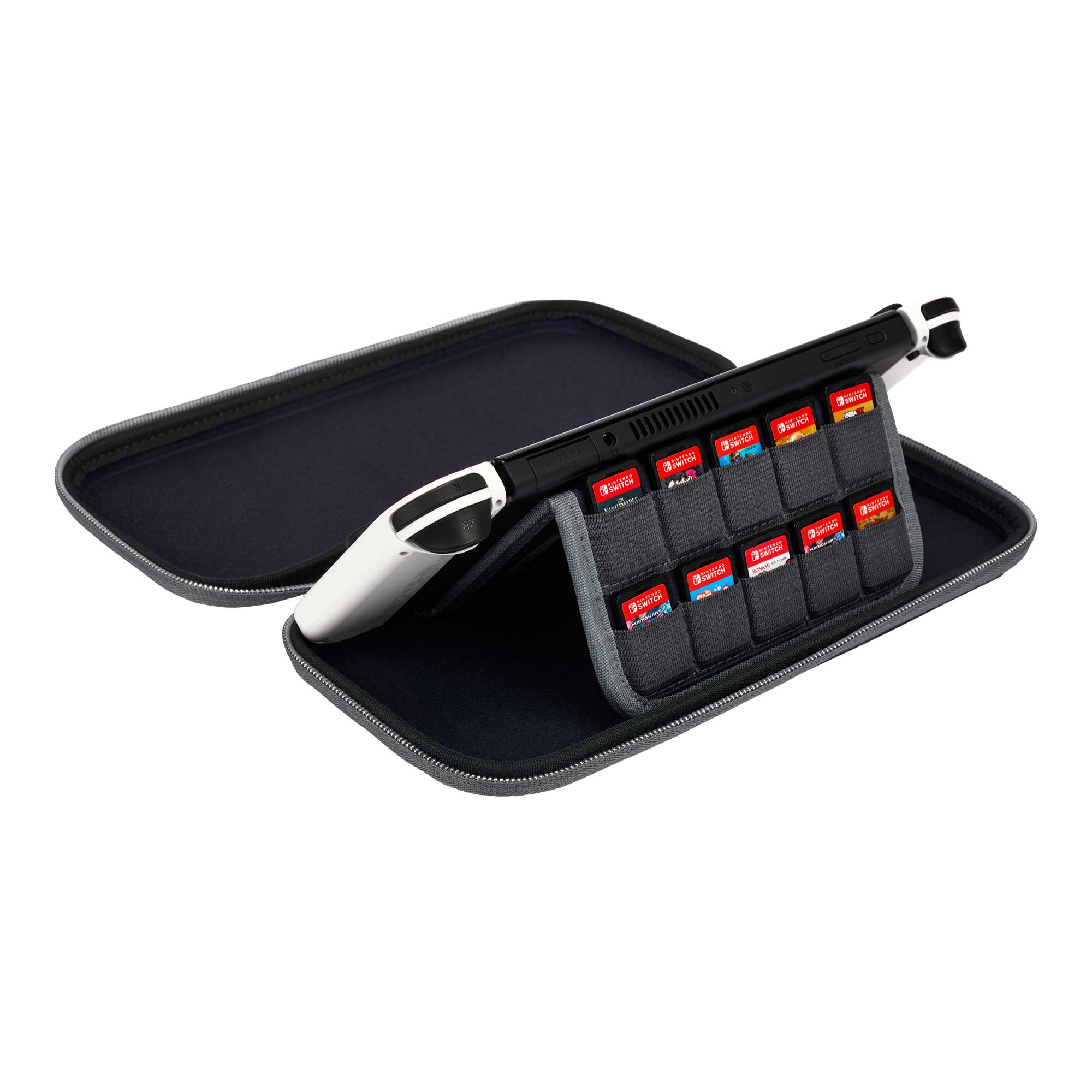 Nintendo Switch mit Spielehülle, Spielekarten und Controller-Hälfte.