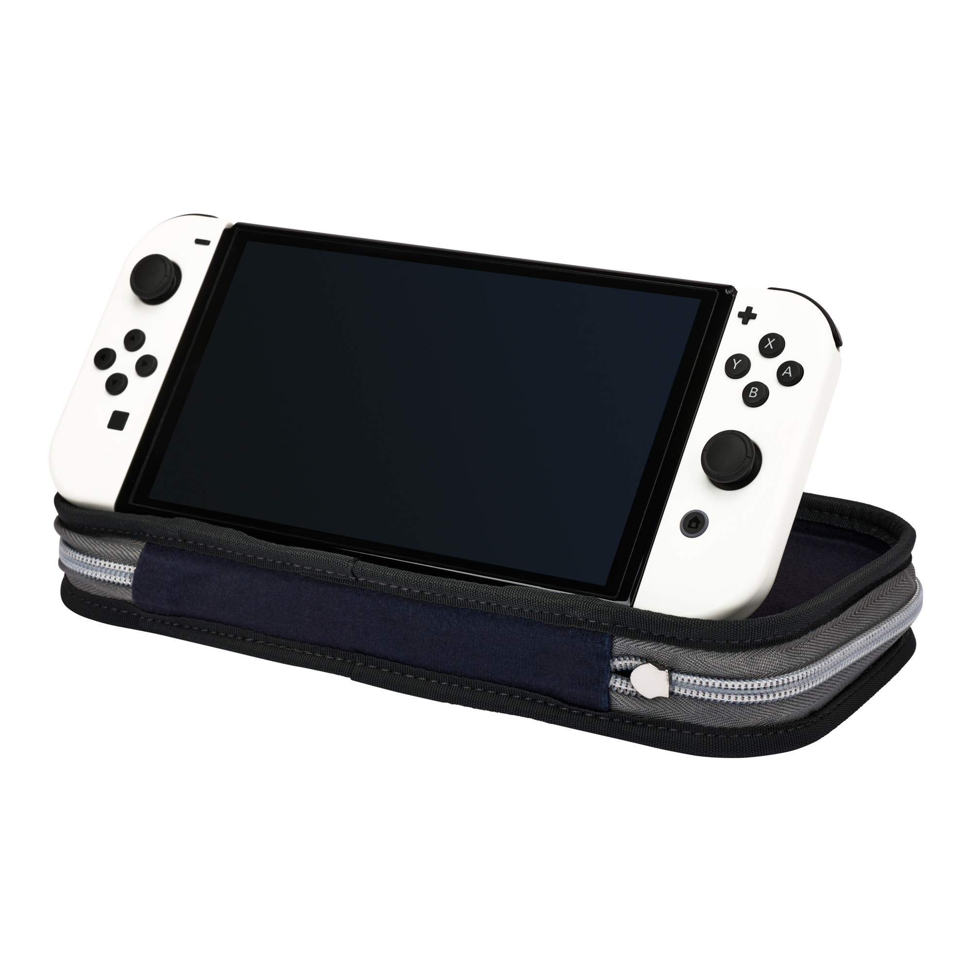 Ein weißes Nintendo Switch-Gerät in einer grauen Tasche mit Reißverschluss.