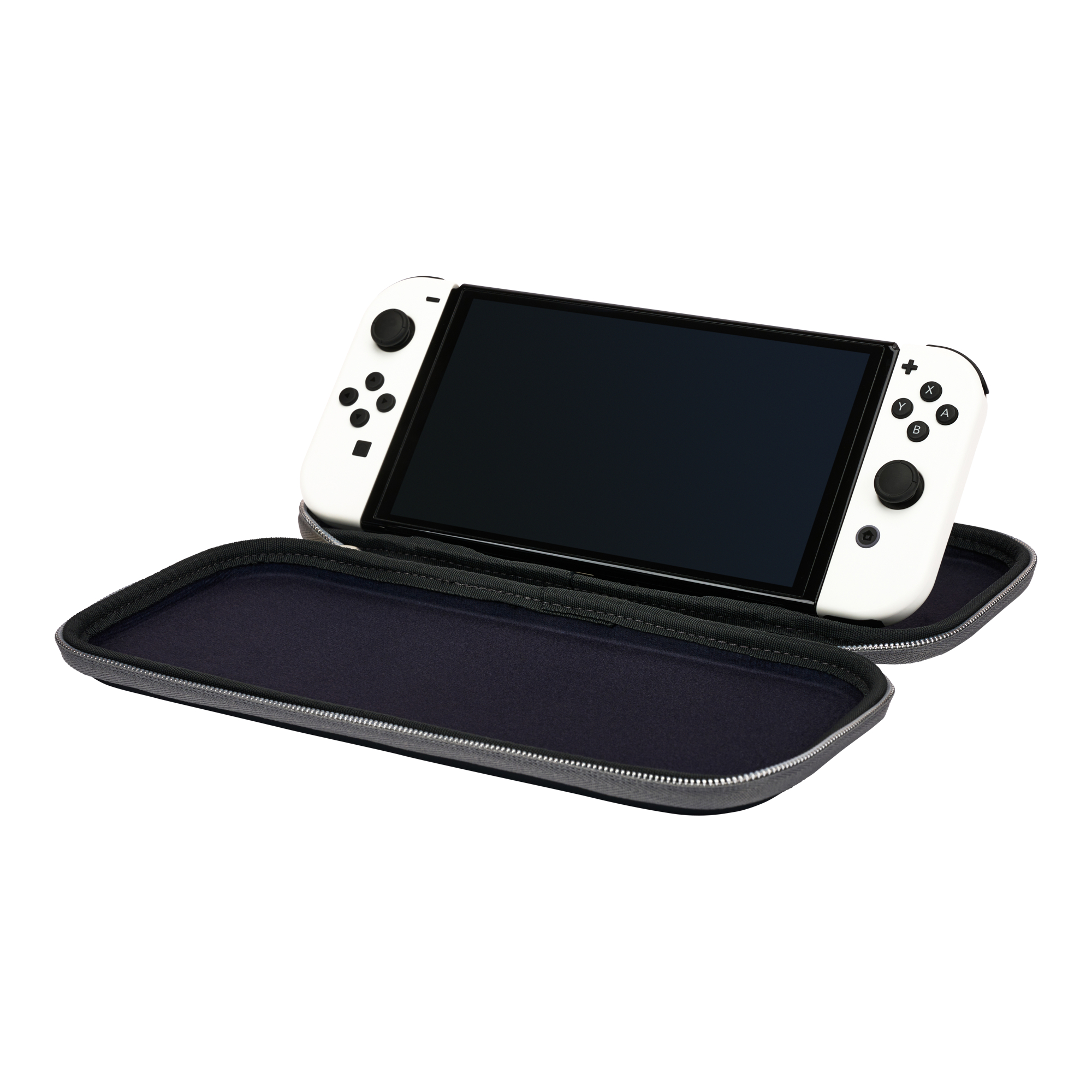 Ein weißes Nintendo Switch OLED-Modell in einer offenen grauen Hülle.