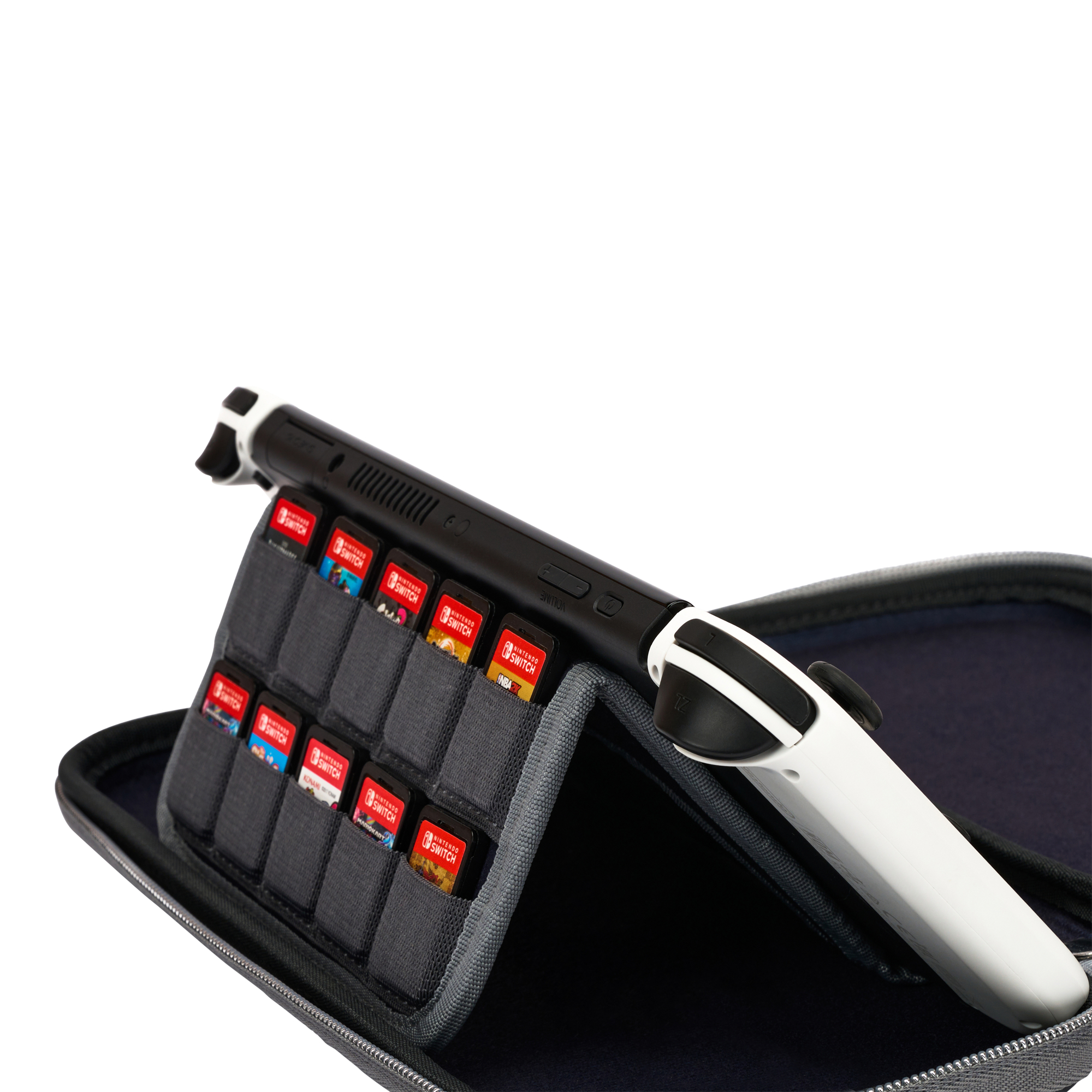 Nintendo Switch Konsole mit Joy-Con und Spielen in einem grauen Etui.