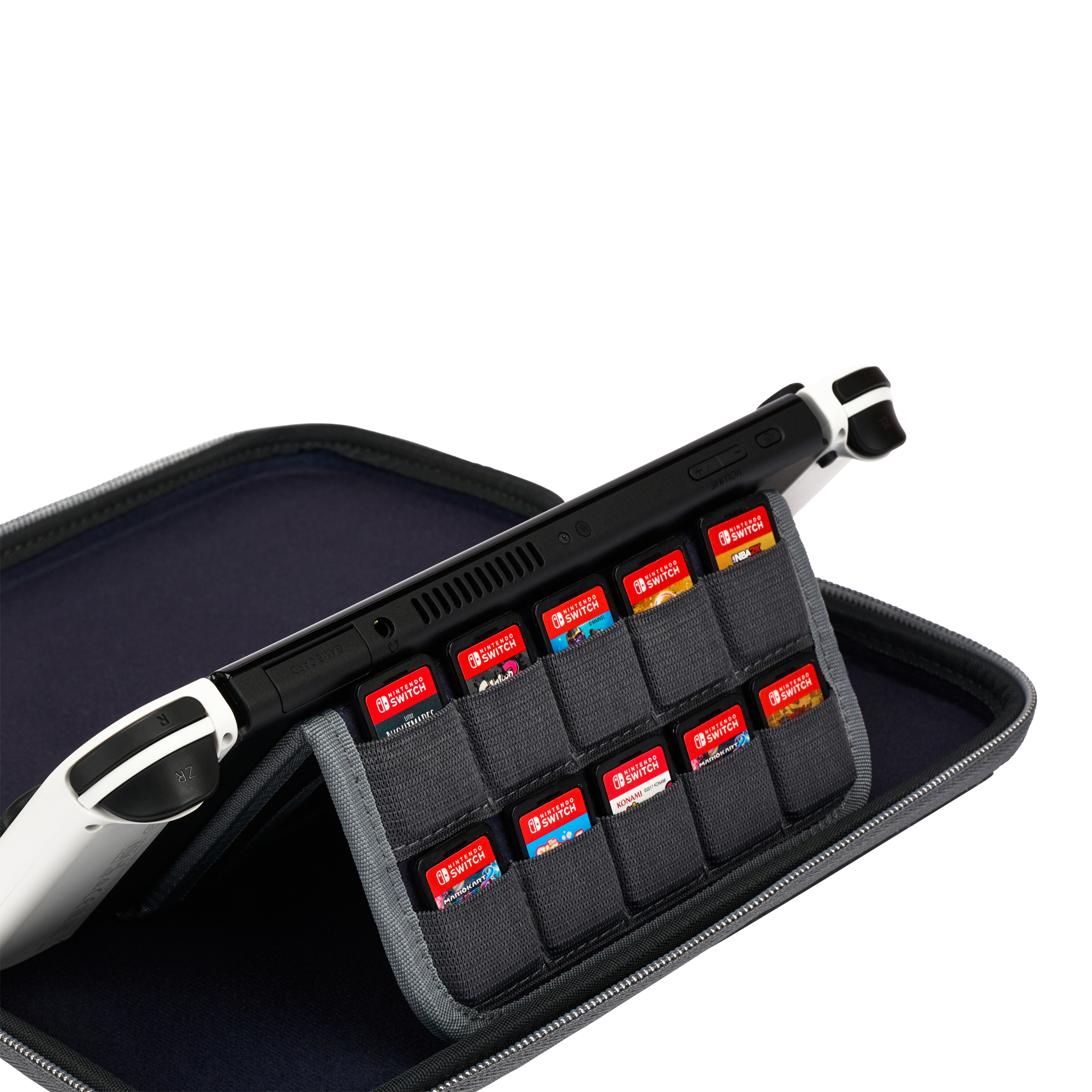 Nintendo Switch Konsole mit Spielen in einer geöffneten Tasche.