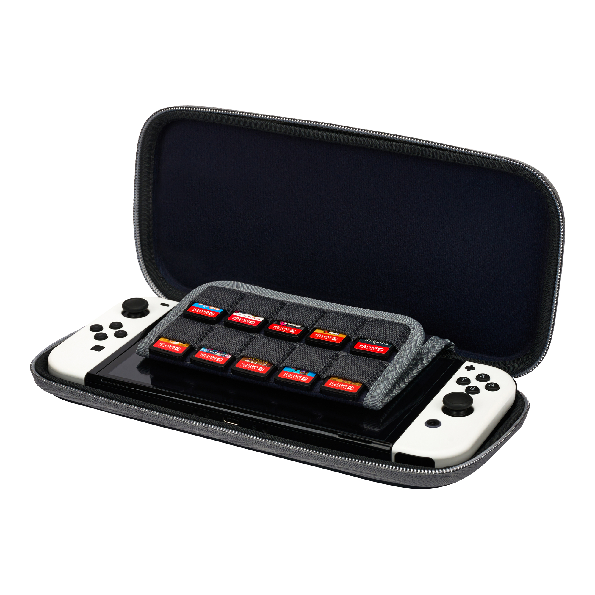 Nintendo Switch in Tasche mit 10 Spielmodulen und weißen Joy-Cons.