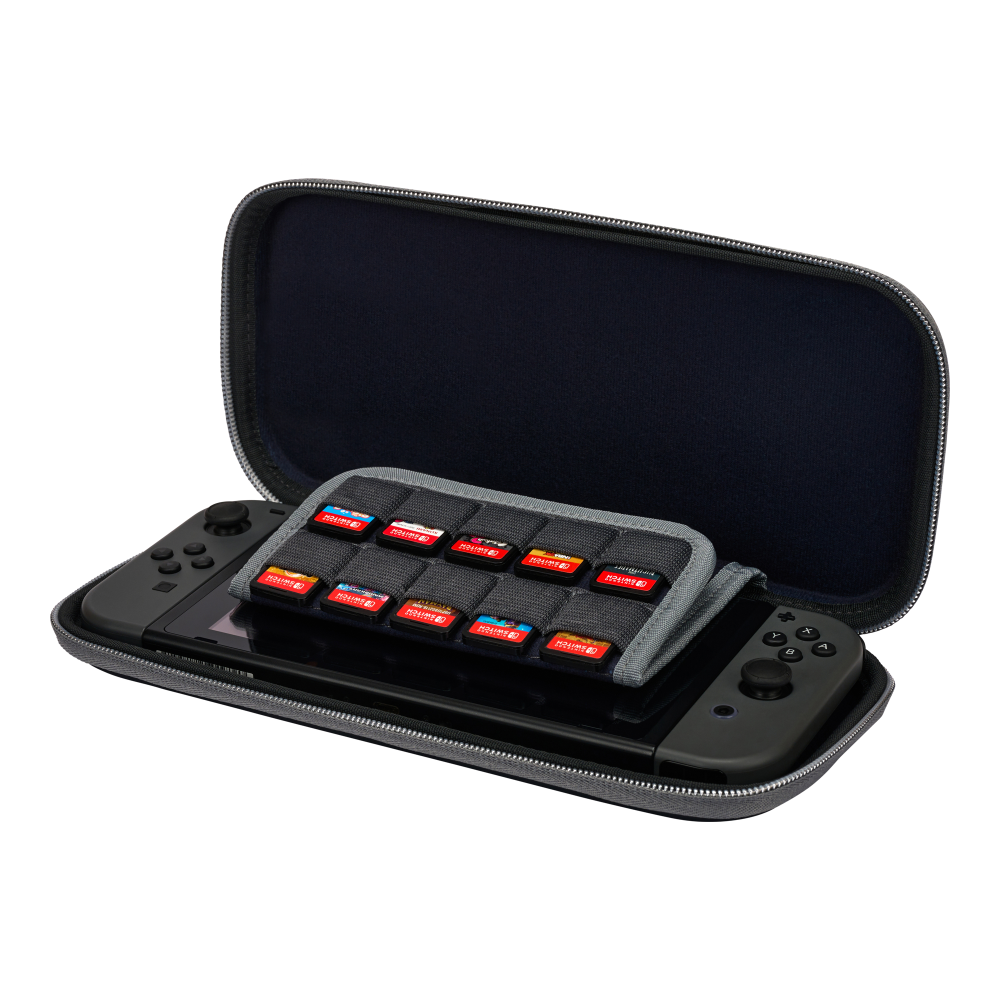 Ein Nintendo Switch mit Spielen in einer grauen Hülle auf weißem Hintergrund.