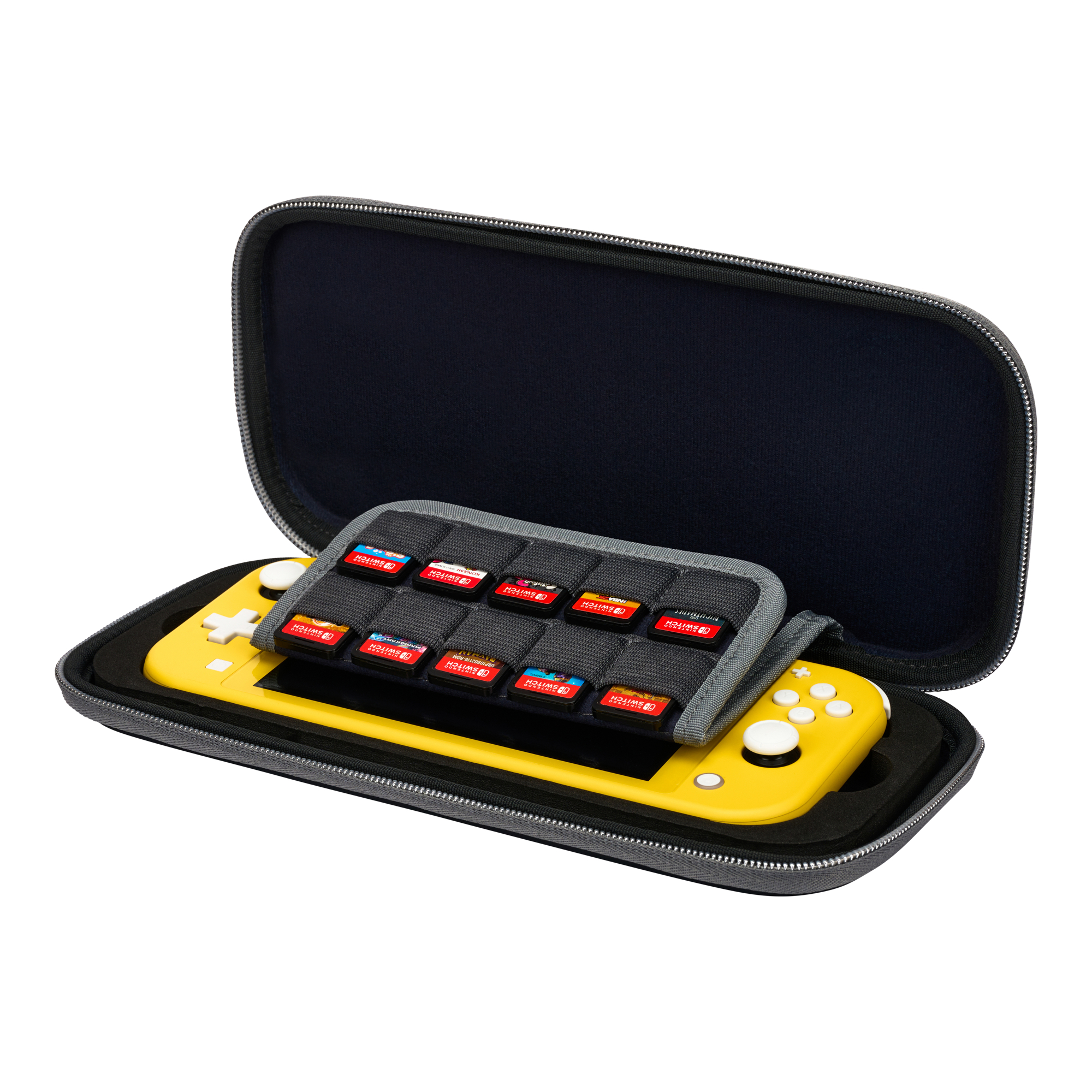 Gelbe Nintendo Switch Lite Konsole mit Spielkassetten in einer grauen Hülle.