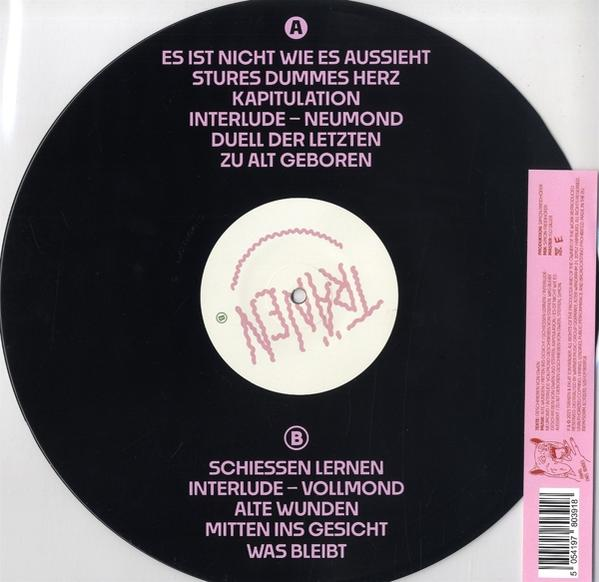 Schwarze Schallplatte mit Titelliste auf einer Seite. Rosa Label und Text.