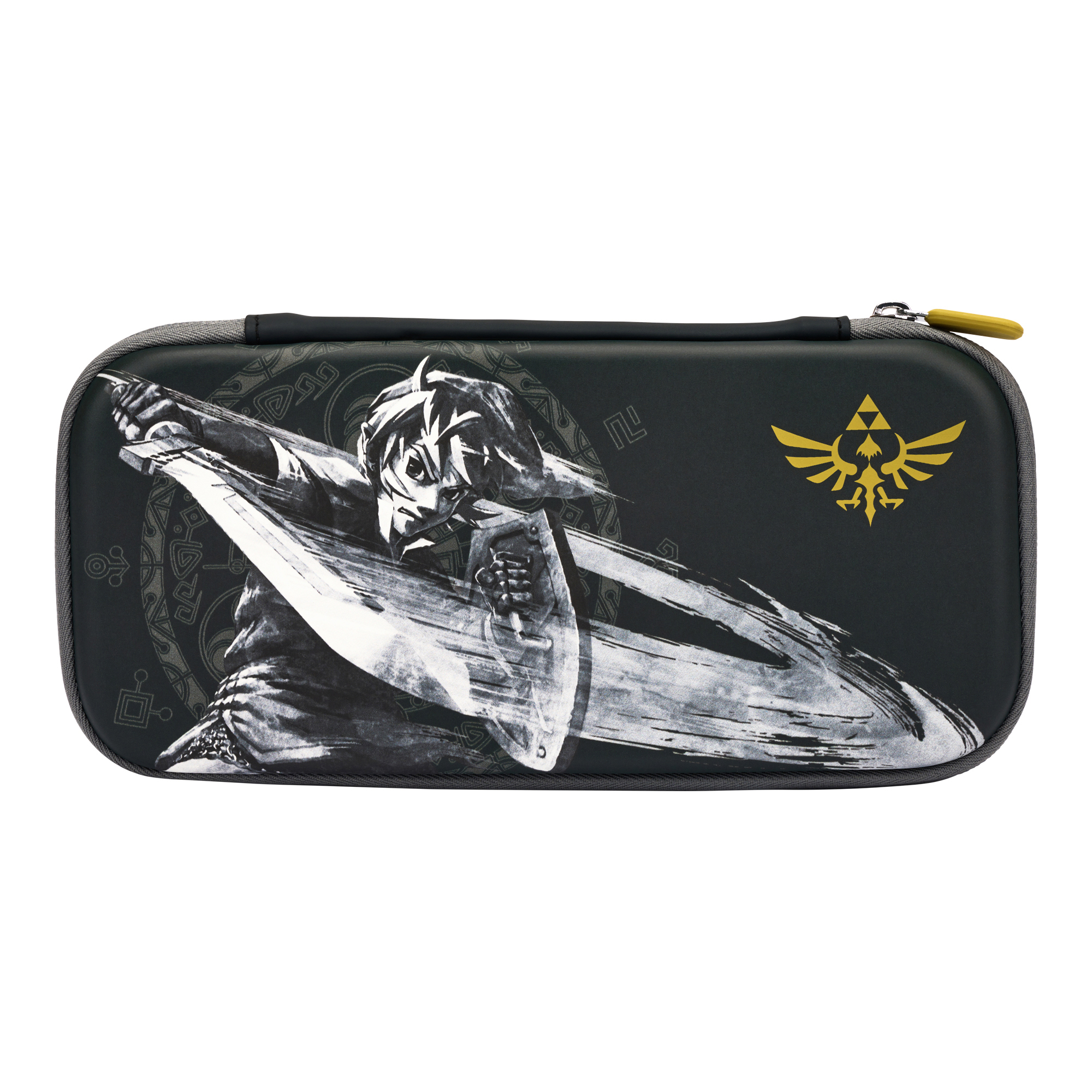Eine schwarze Tasche mit einem Schwert schwingenden Charakter und dem Triforce-Symbol.