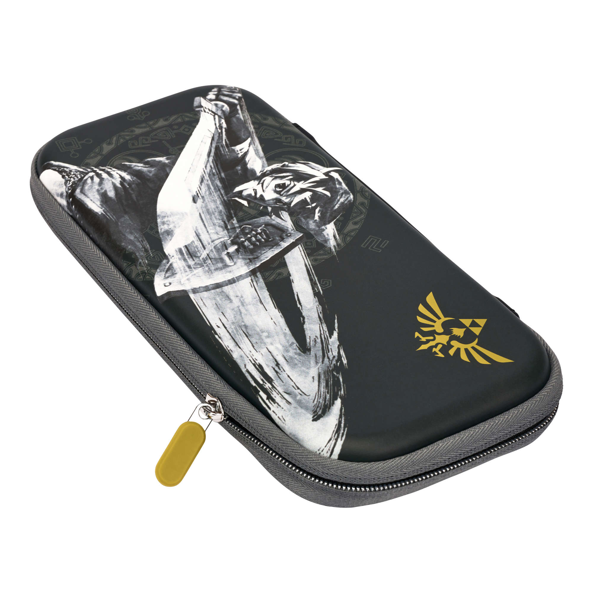 Schwarze Tasche mit Zelda-Motiv, Schwert und Triforce-Symbol.