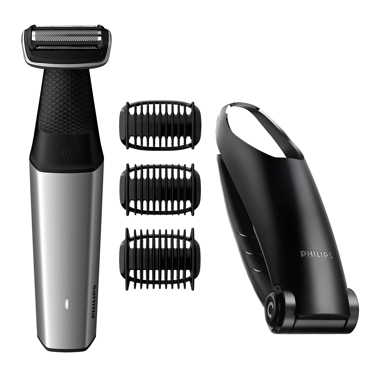 Een Philips bodygroomer met opzetstukken. Zilver en zwart ontwerp. Drie trimkoppen en een handvat.