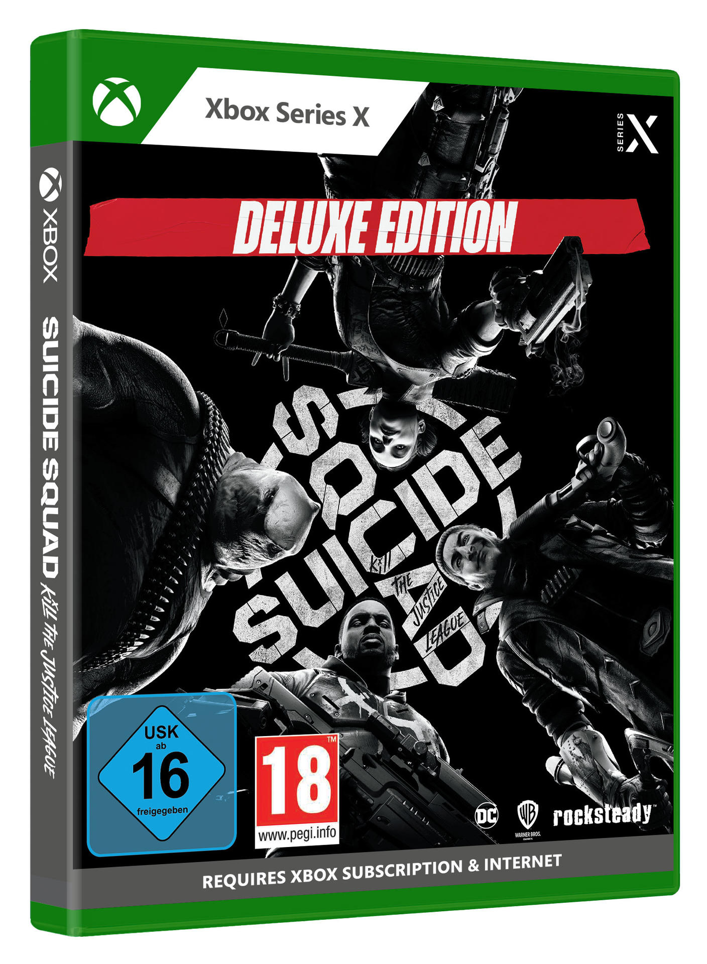 Spielbox für Xbox Series X. Auf dem Cover sind Charaktere aus dem Spiel Suicide Squad abgebildet.