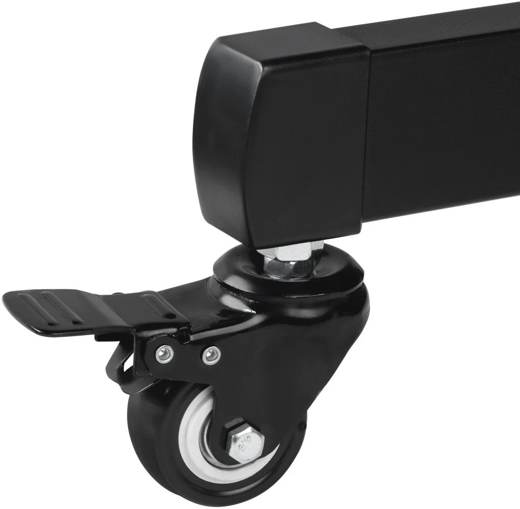 Schwarze Lenkrolle. Schwarzer Rahmen. Das Rad und der Verriegelungsmechanismus sind sichtbar.