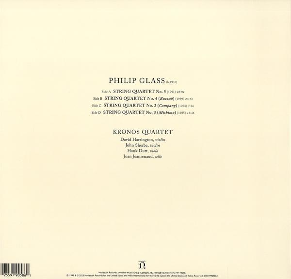 Die Rückseite eines Philip Glass Albums mit einer Titelliste und den Credits des Kronos Quartetts.